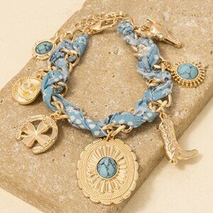 New Western Boho Cowgirl Bandana Gold Dipped Concho Boot Stone Charm Bracelets
